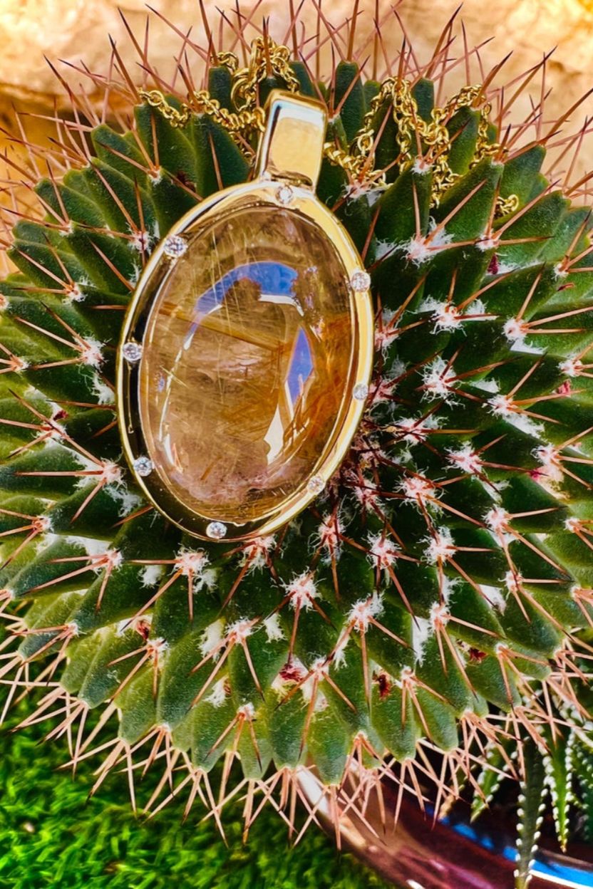 Golden Rutilated Quartz Pendant / Natural Quartz Necklace with Diamonds