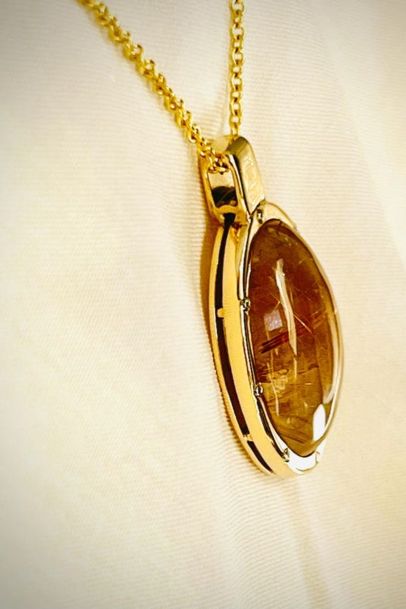 Golden Rutilated Quartz Pendant / Natural Quartz Necklace with Diamonds
