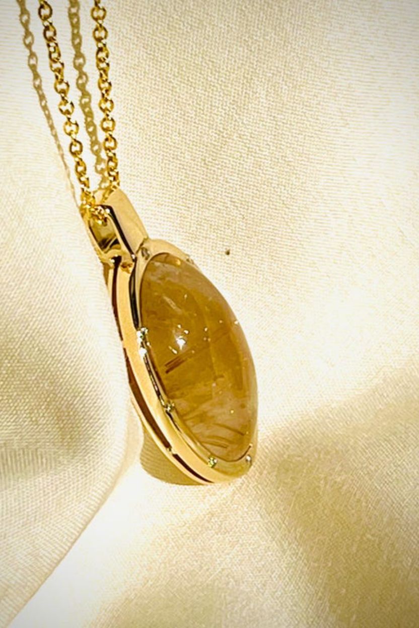 Golden Rutilated Quartz Pendant / Natural Quartz Necklace with Diamonds
