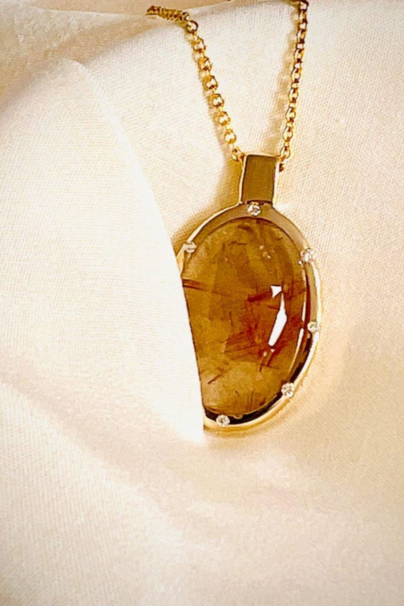 Golden Rutilated Quartz Pendant / Natural Quartz Necklace with Diamonds
