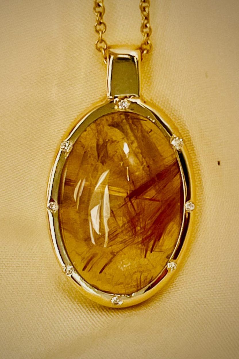 Golden Rutilated Quartz Pendant / Natural Quartz Necklace with Diamonds