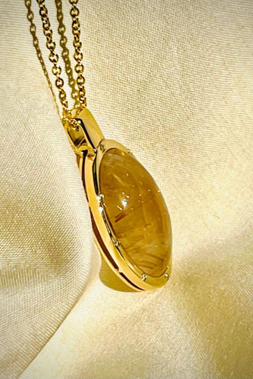 Golden Rutilated Quartz Pendant / Natural Quartz Necklace with Diamonds