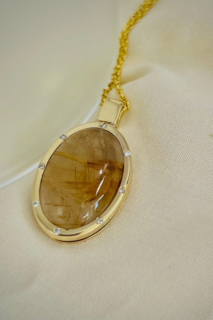 Golden Rutilated Quartz Pendant / Natural Quartz Necklace with Diamonds