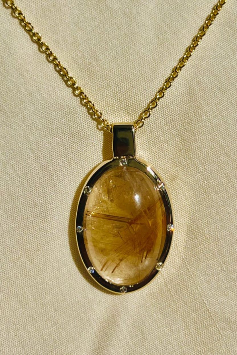 Golden Rutilated Quartz Pendant / Natural Quartz Necklace with Diamonds