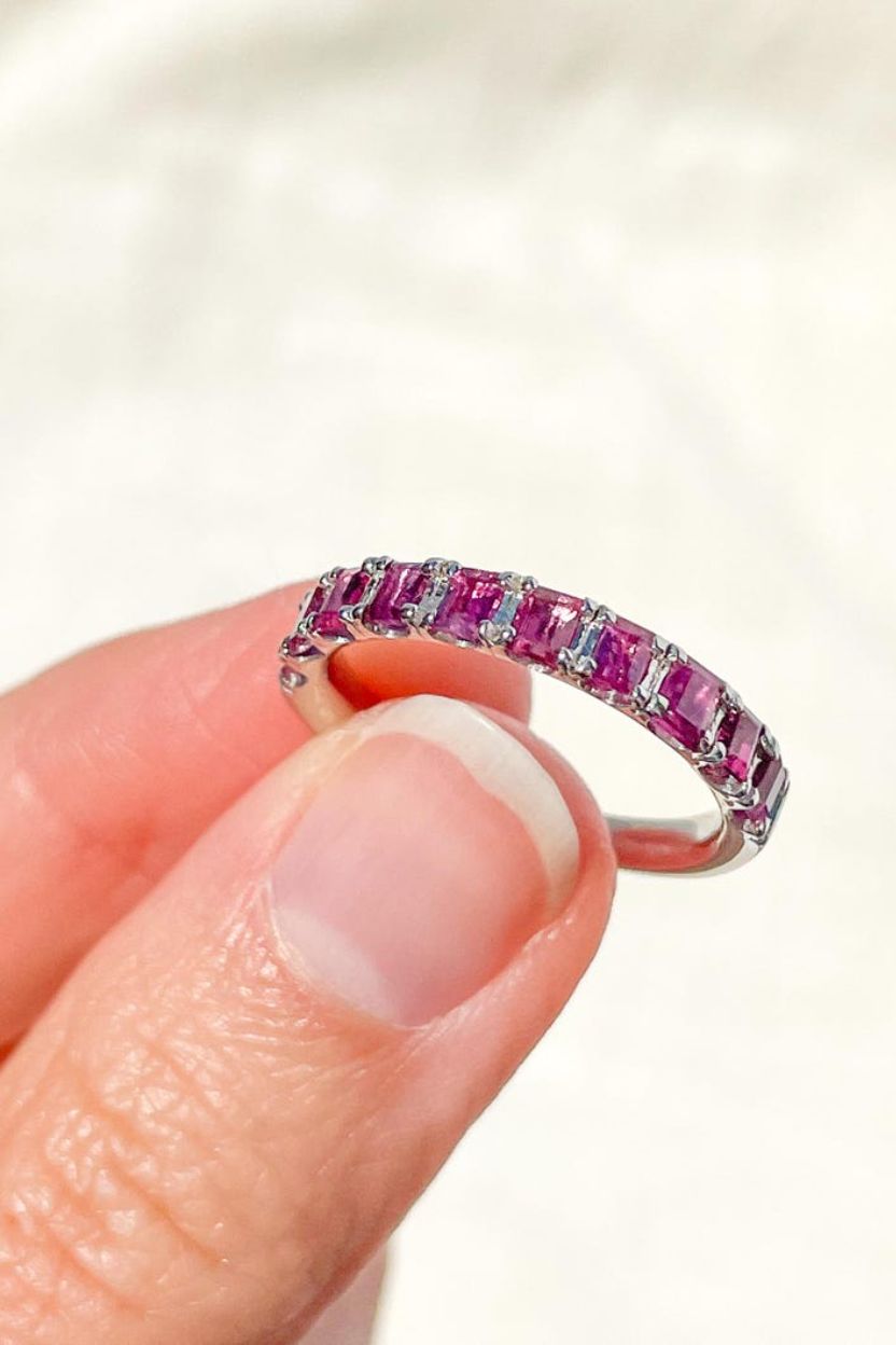 Emerald cut pink Sapphire 14 Karat White Gold Band