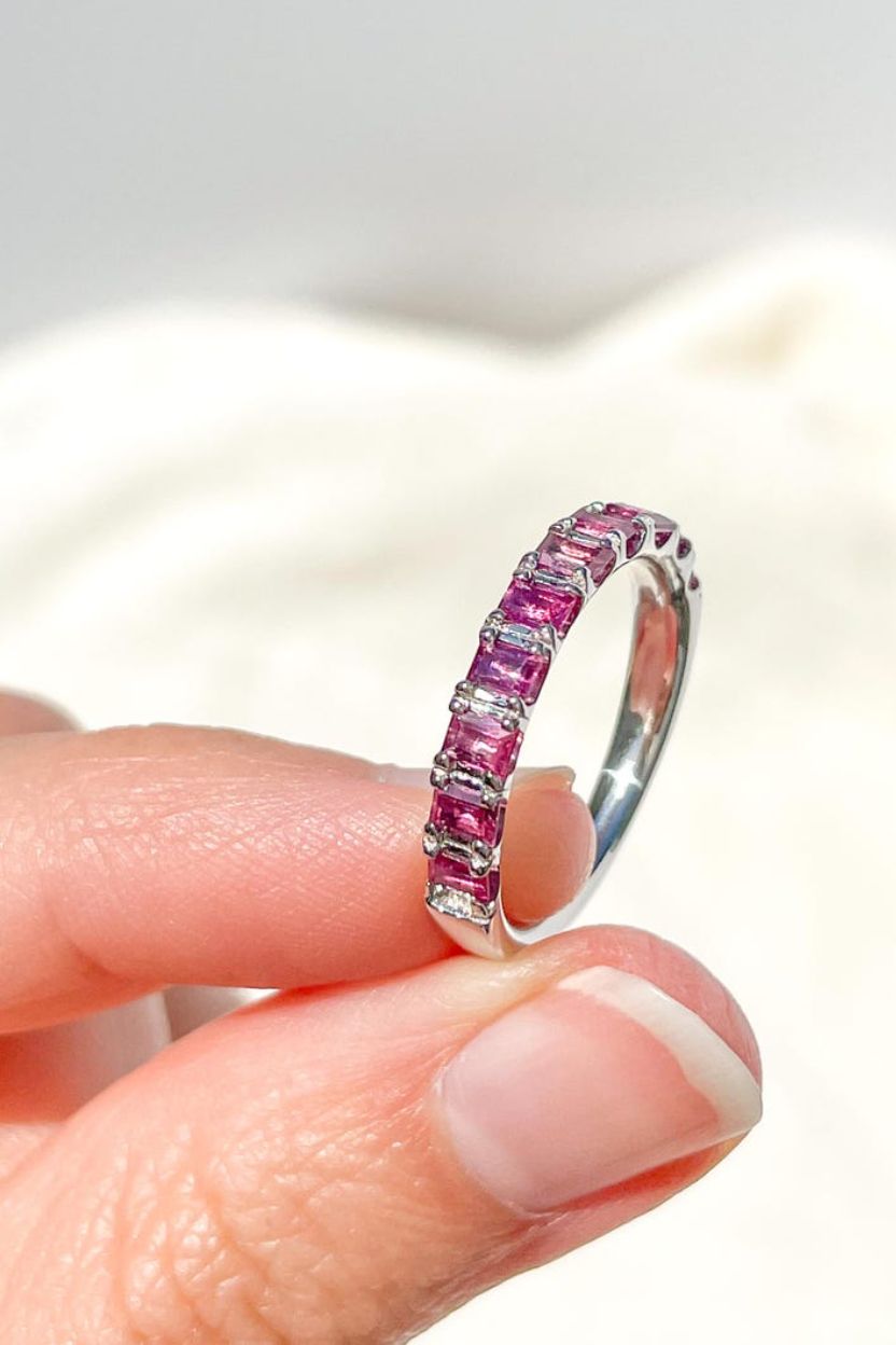 Emerald cut pink Sapphire 14 Karat White Gold Band