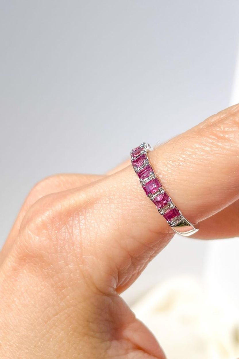 Emerald cut pink Sapphire 14 Karat White Gold Band