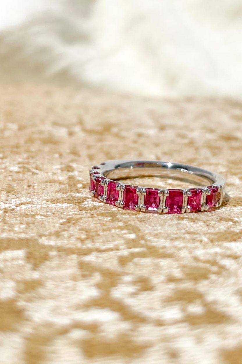 Emerald cut pink Sapphire 14 Karat White Gold Band