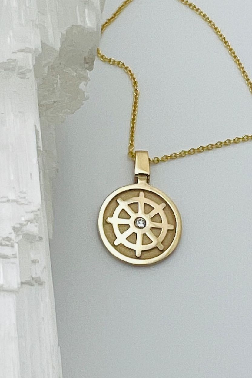 Dharmachakra Pendent set with Diamond in 14K Yellow Gold