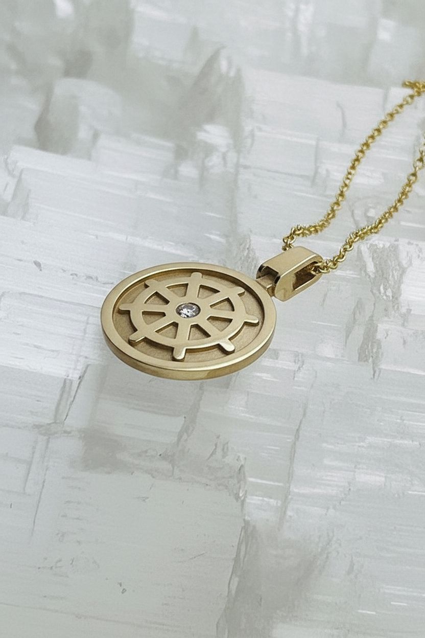 Dharmachakra Pendent set with Diamond in 14K Yellow Gold