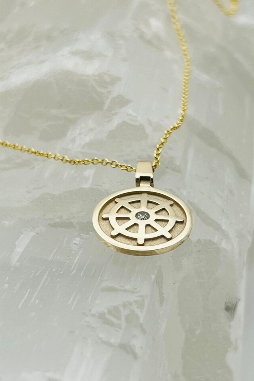 Dharmachakra Pendent set with Diamond in 14K Yellow Gold