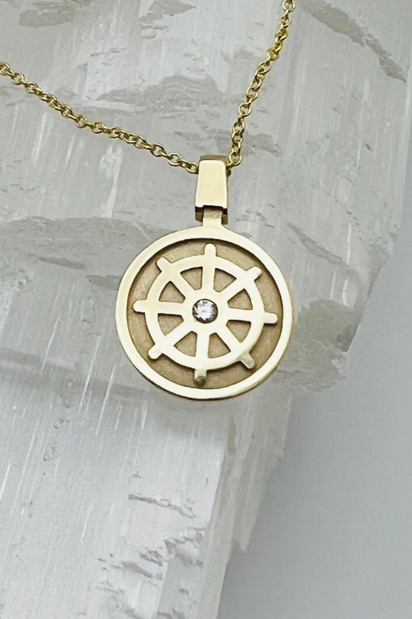 Dharmachakra Pendent set with Diamond in 14K Yellow Gold