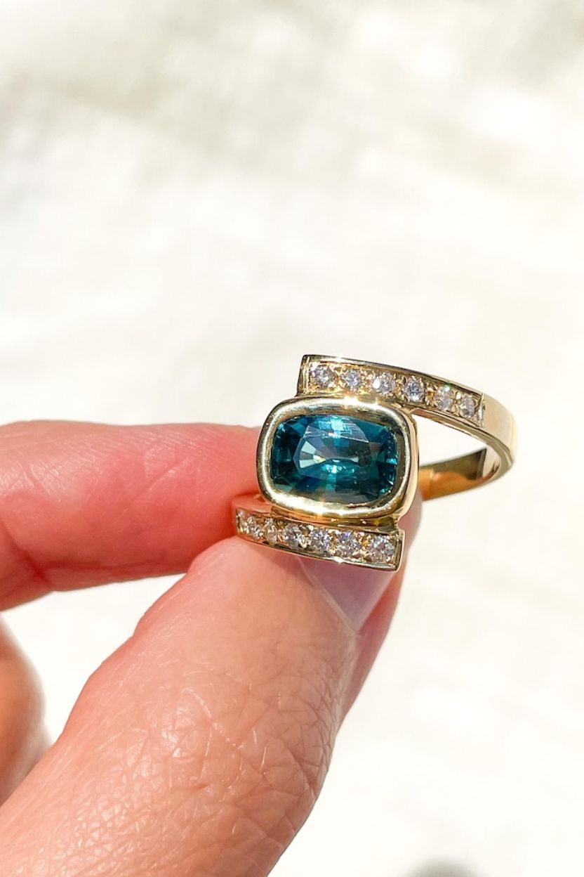 Blue Zircon Ring set with Diamonds Handcraft in Solid Gold
