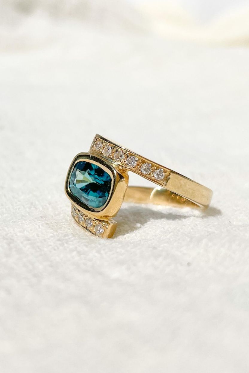 Blue Zircon Ring set with Diamonds Handcraft in Solid Gold