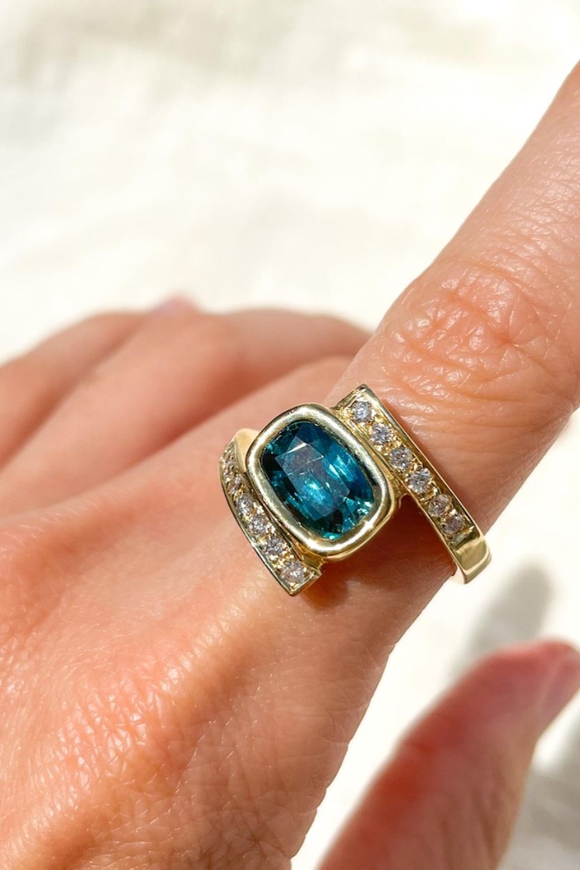 Blue Zircon Ring set with Diamonds Handcraft in Solid Gold