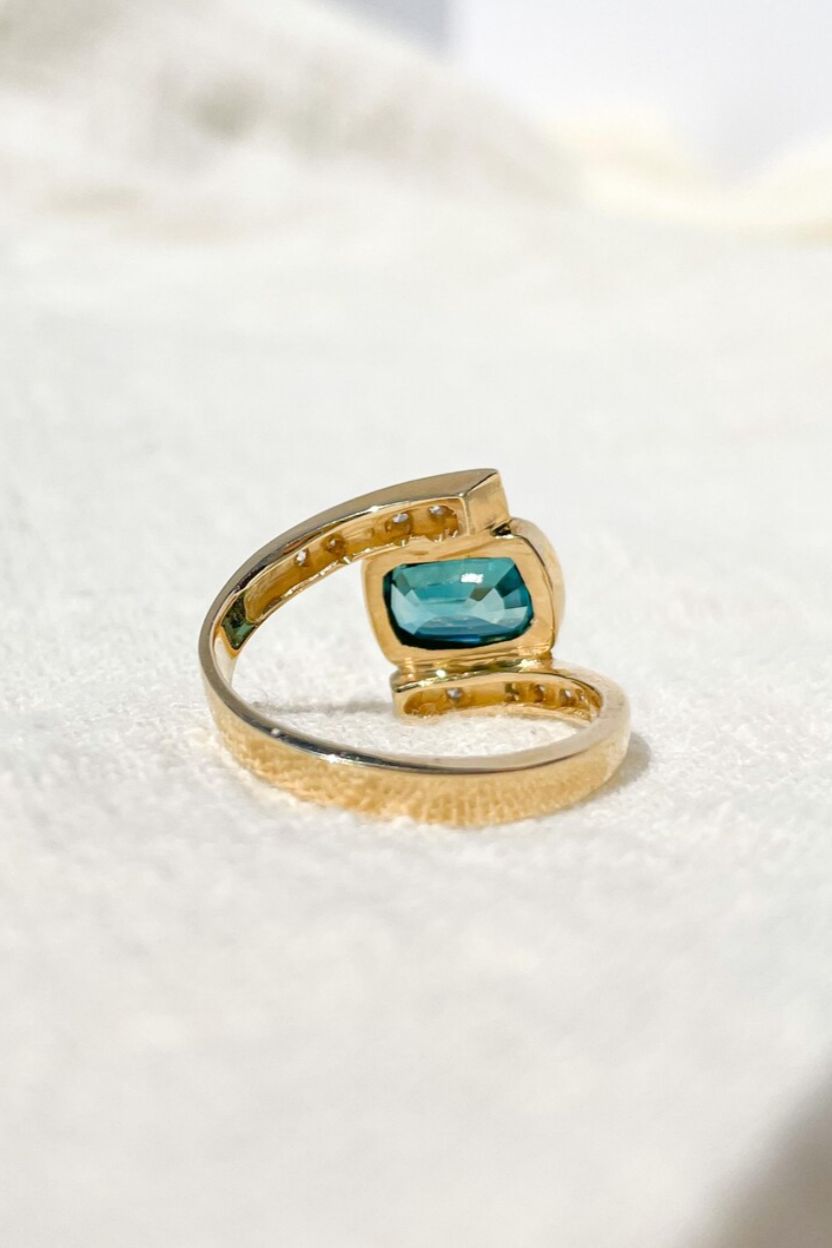 Blue Zircon Ring set with Diamonds Handcraft in Solid Gold