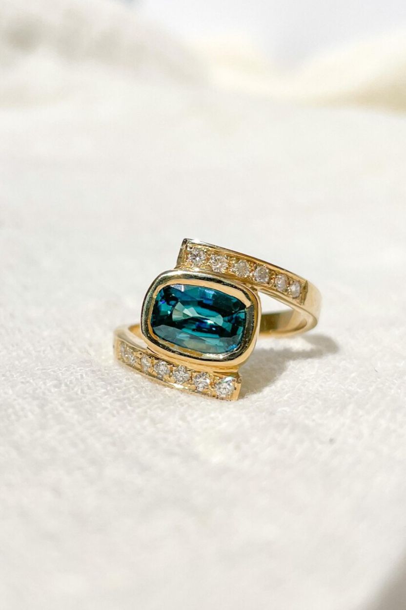 Blue Zircon Ring set with Diamonds Handcraft in Solid Gold